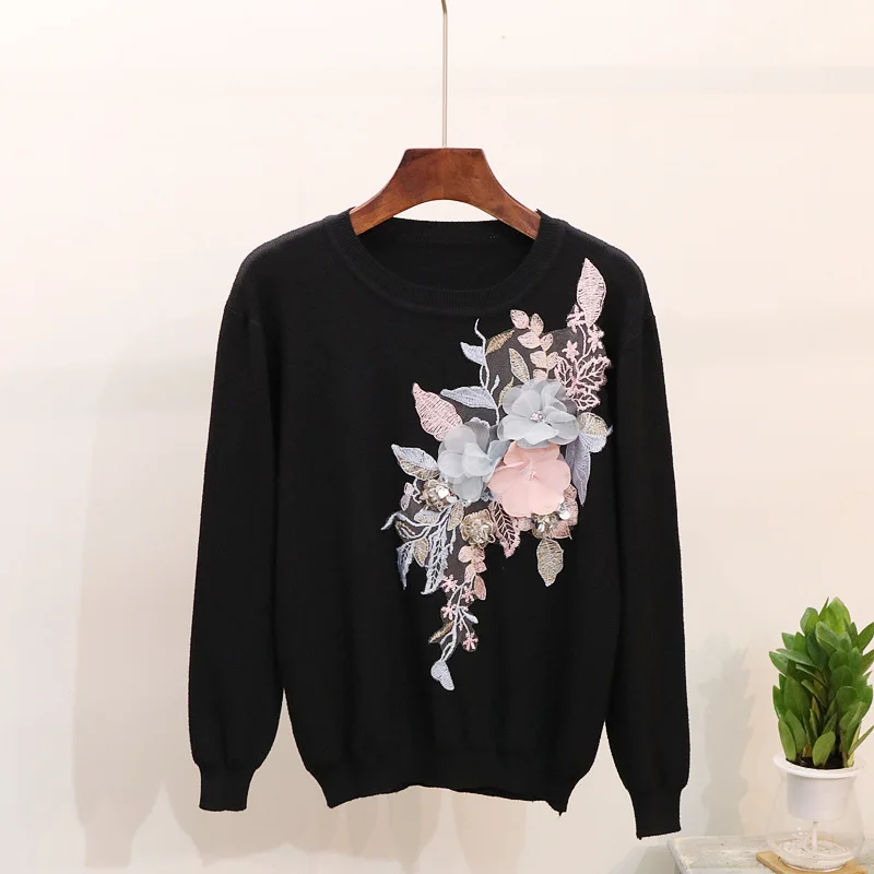Autumn Knitted Sweater Women Knitting Pullover Embroidery Sequin 3D Floral Femme Tops Korean Harajuku Knitwear Jumper Coat | Женская
