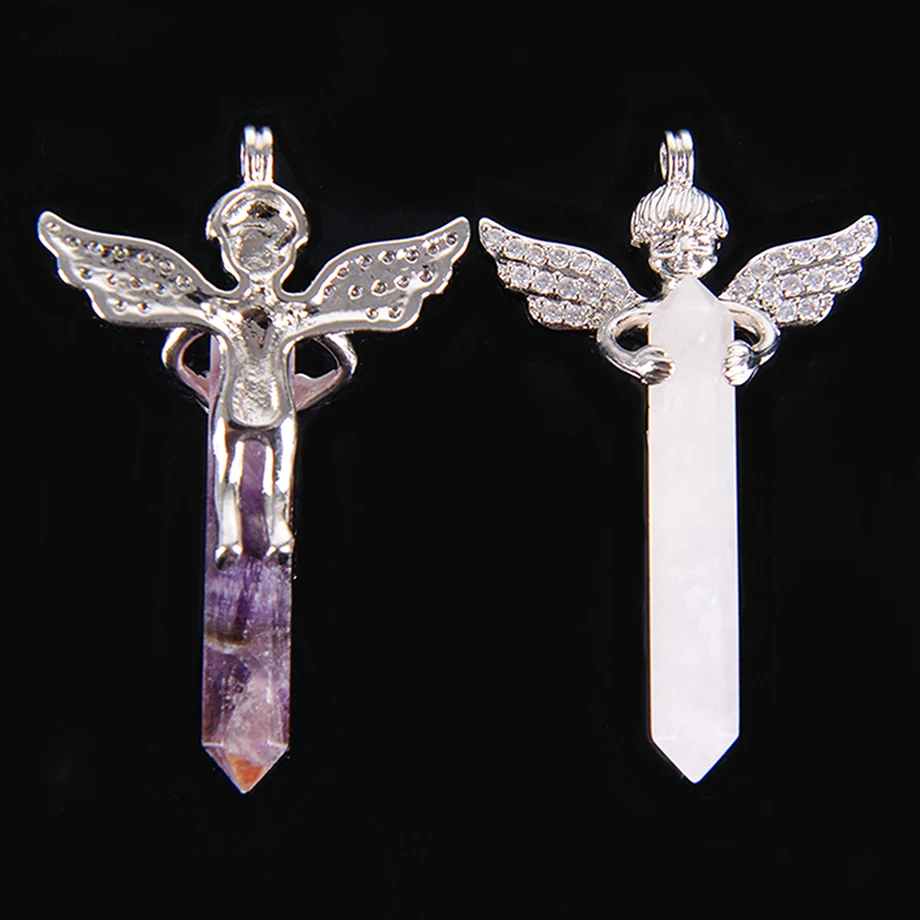 

Men & Women Love Gift Natural Crystal Gem Stone Long Sword Hexagonal Prism Cupid Angel Wings Pendants for Necklaces D101A