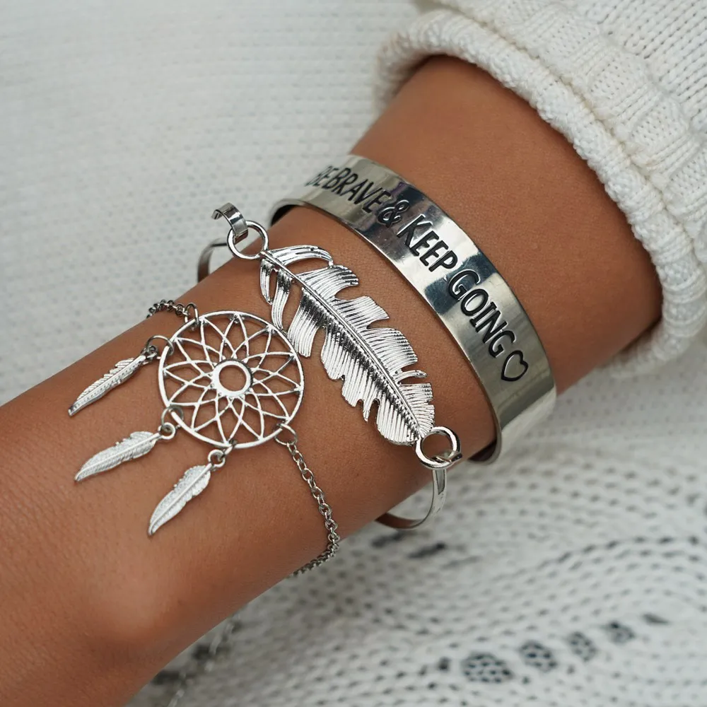 MissCyCy винтажные большие металлические браслеты с перьями для женщин модные буквы