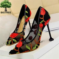 bigtree classics embroider lace shallow party shoes pointed toe women pumps fashion cut outs mesh high heels 10cm womens shoes