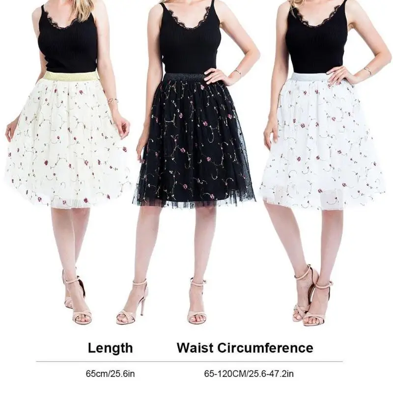 Лето Вышивка расклешенные юбки женские эластичные Высокая Талия Тюль Юбка из