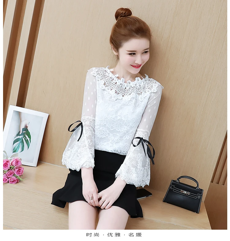Dingaozlz blusas mujer de moda Flare рукавом крючком рубашка тонкий Для женщин блузка Повседневное Лоскутная сетки вырез кружева топы