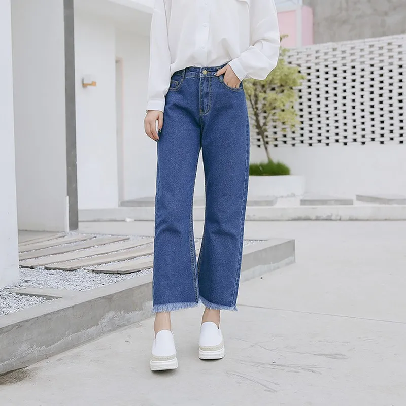 EXOTAO Basic Women Long Jeans With High Waist All Match Blue Wide Leg Pants Female Denim Pockets Tassel Plus Size |