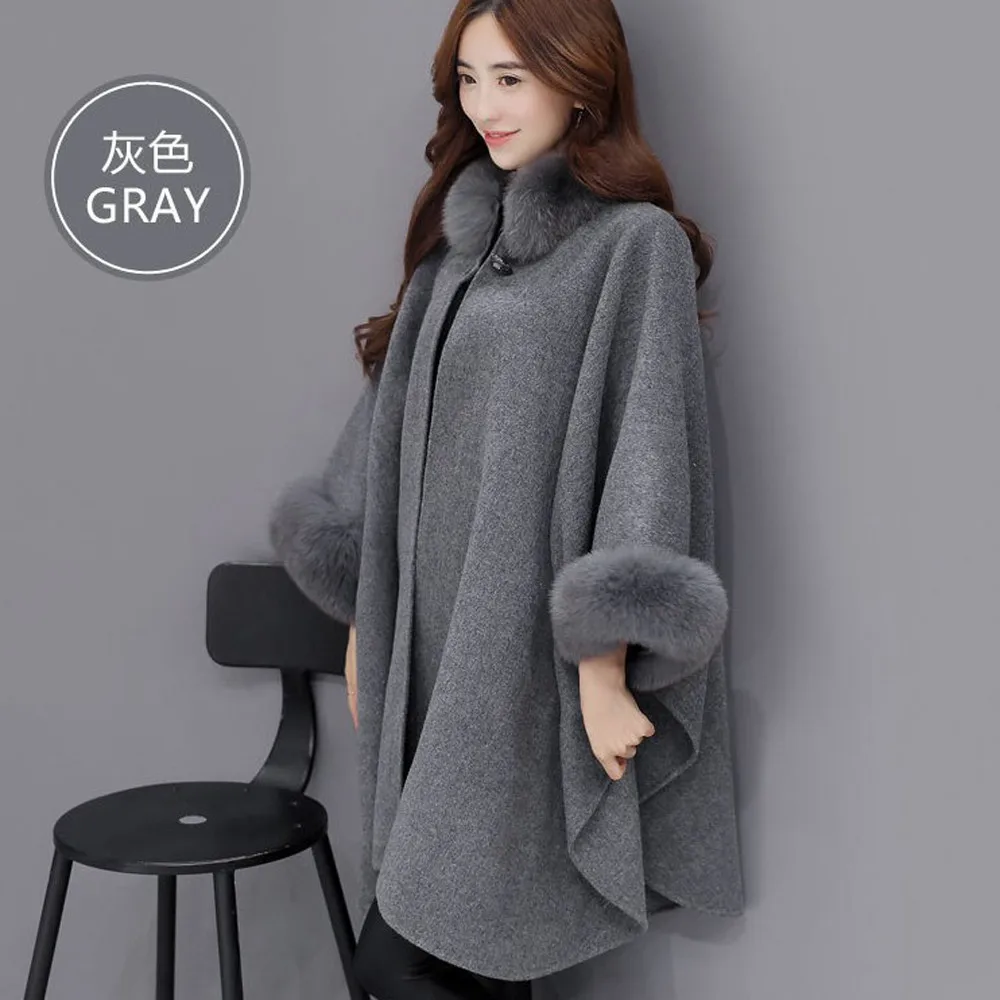 

New Women Fashion Parka Autumn Winter Women Bat Sleeve Warm Jacket Casual Woollen Outwear Fur Collar Parka Cardigan Cloak Coat