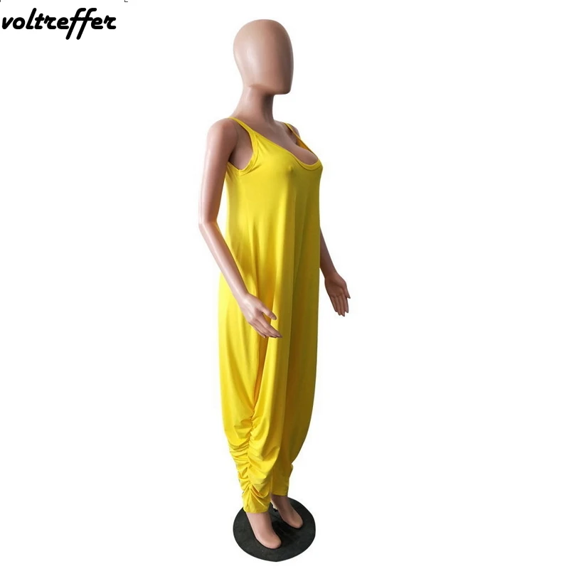 Желтый комбинезон шаровары со складками для женщин Свободный на бретелях с