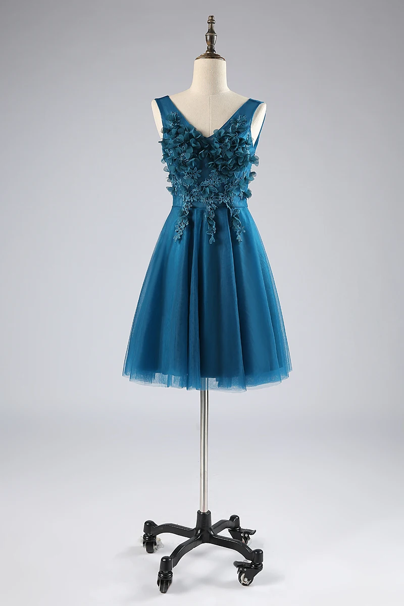 Fotos reais folais florais azul pavao vestido de formatura curto с цветами и листьями Павлин синие Бальные платья Короткие