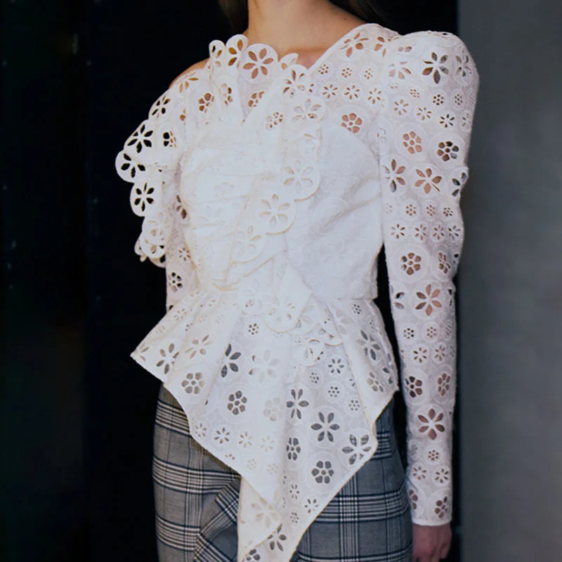 Кружевная блузка асимметричная женская на одно плечо|Блузки| |