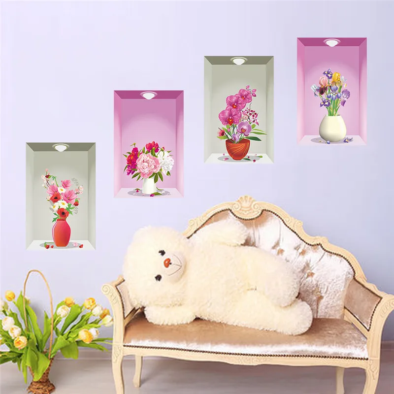 3d View Flower Flora Pot Light Hole Wall Stickers Home Decor Living Room Office Scenery Decoration Pvc Decals Diy Mural Art | Дом и сад