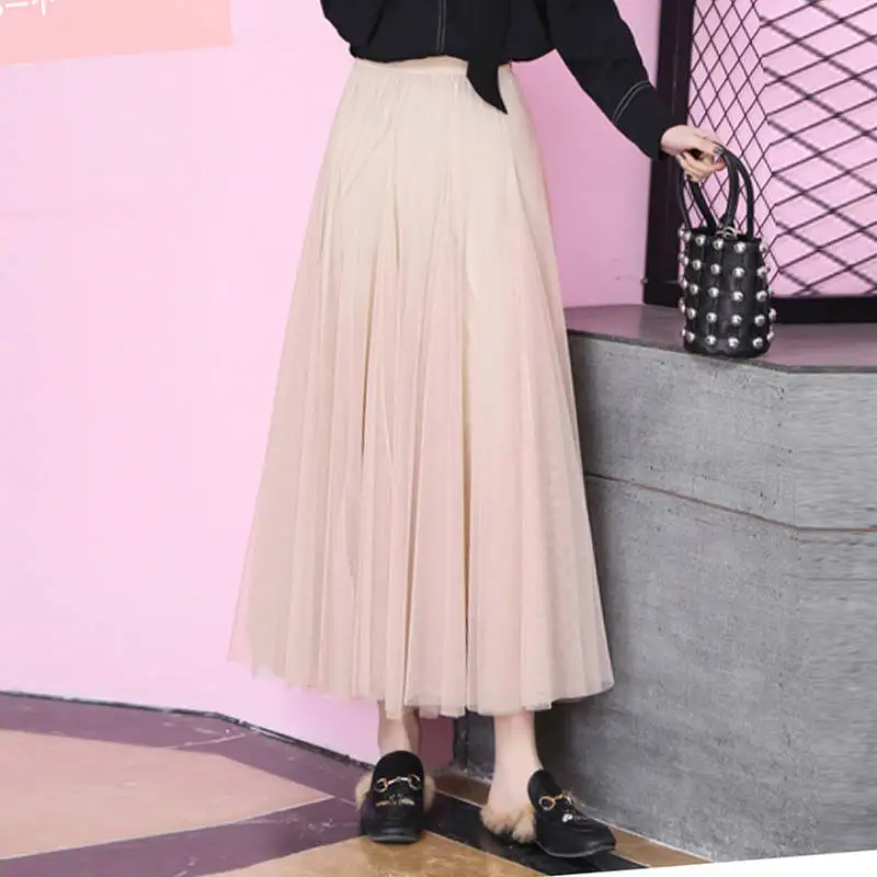 Gray Black Long Tulle Skirt Women Jupe Femme Maxi High Waist Elegant Saias Spring Summer Mesh Pleated Falda C4611 | Женская одежда