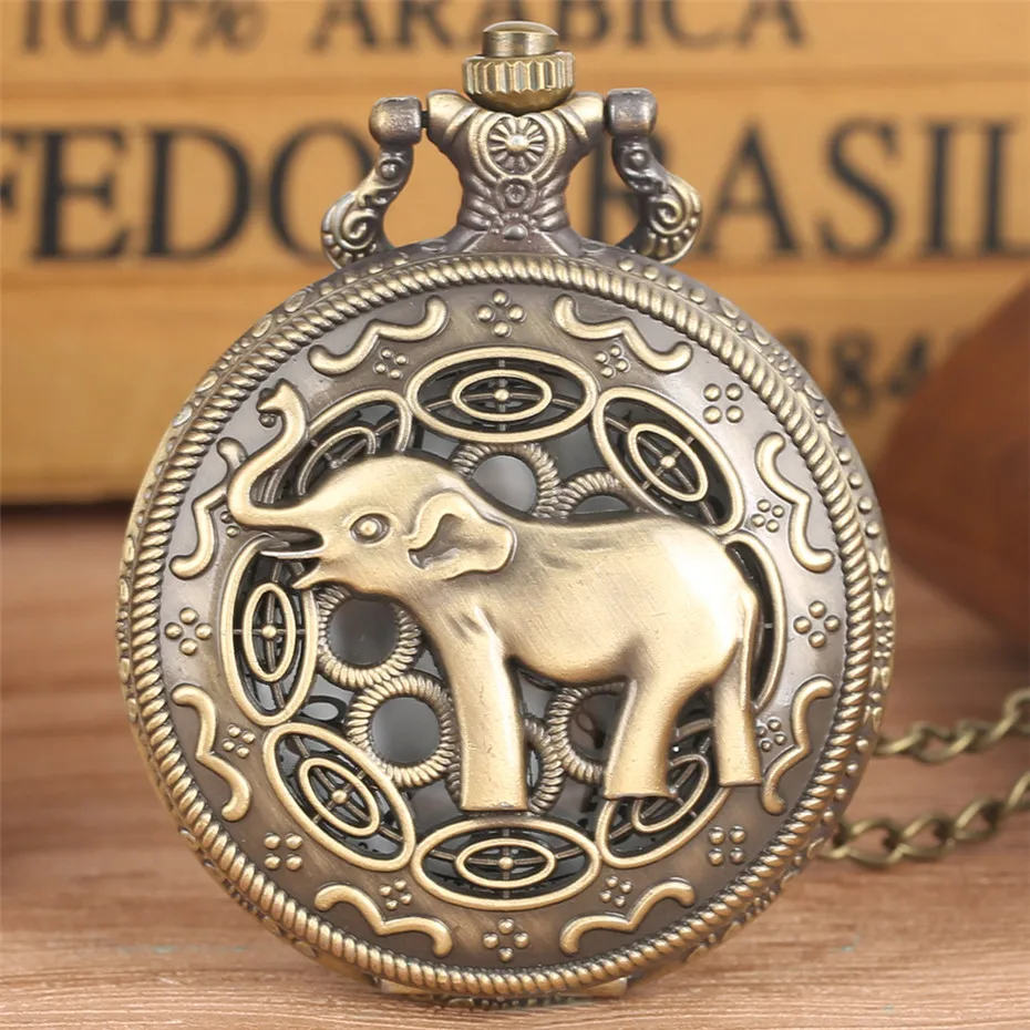 

Bronze Retro Hollow Asian Elephant Design Quartz Pocket Watch Men Women Vintage Necklace Jewelry Pendant Clock Gifts New 2019