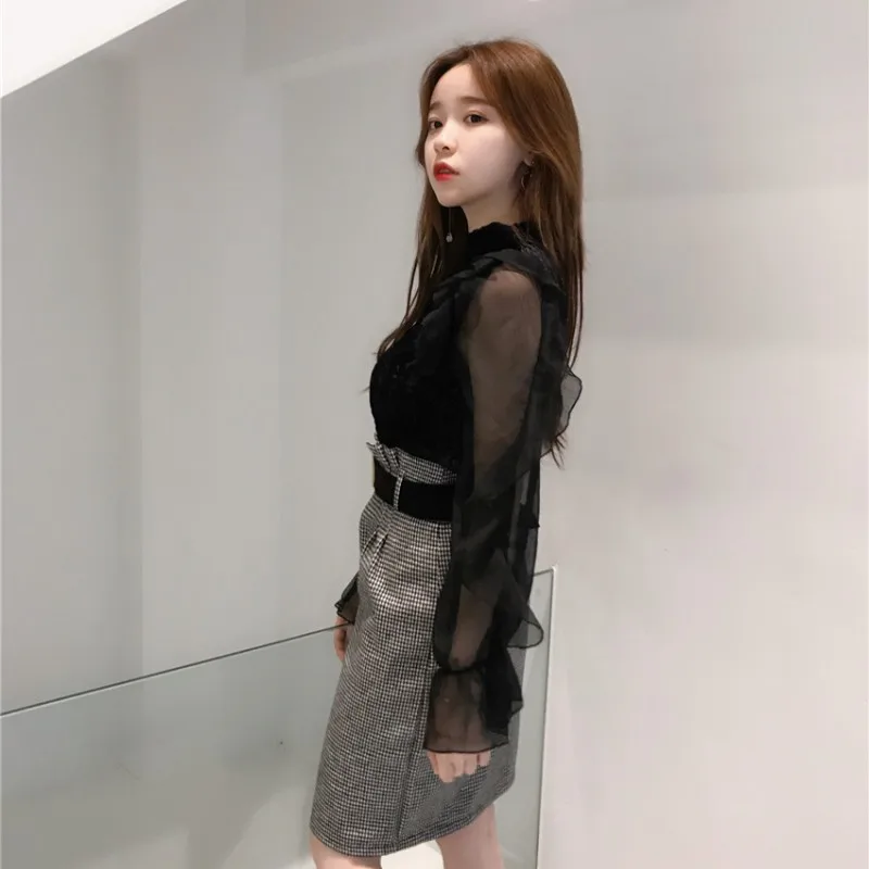 Рубашка женская с длинным рукавом фонариком прозрачная золотым бархатом|Блузки|