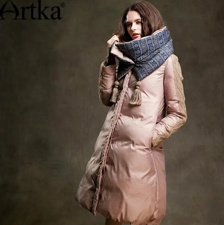 Deep khaki Женская длинная пуховая куртка ARTKA, синяя теплая стеганая парка с утиным пухом и съемным шарфом, ZK15357D, на зиму - Цвет: Deep khaki