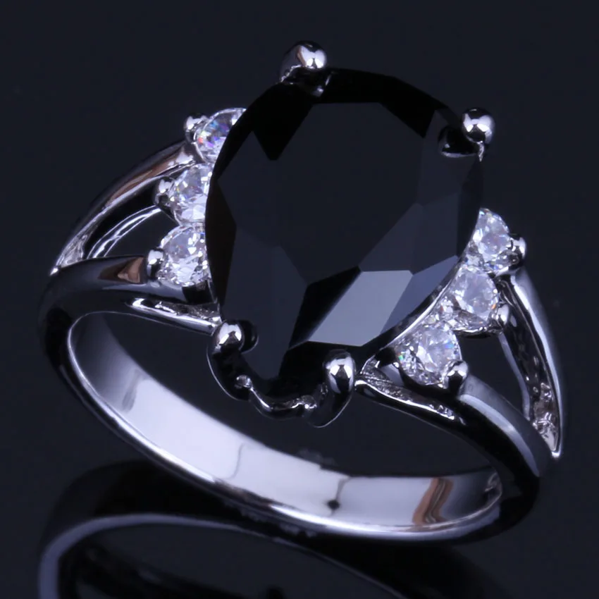 

Ravishing Pear Black Cubic Zirconia White CZ Silver Plated Ring V0630