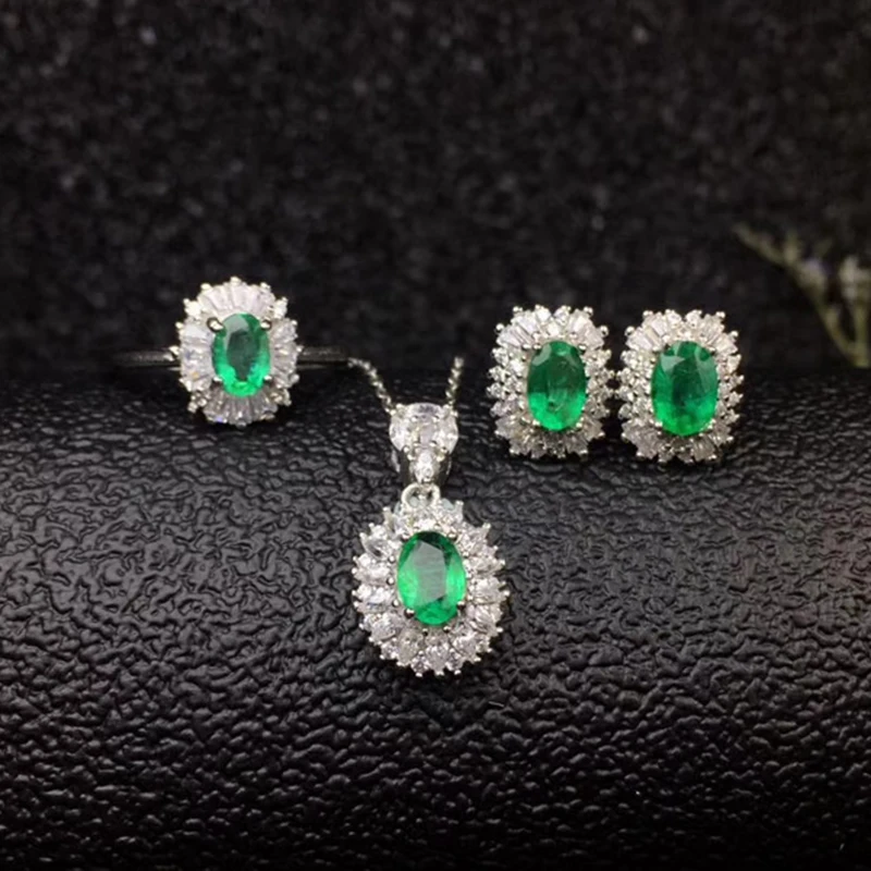

Dazzling emerald wedding jewelry set for woman 4 mm * 6 mm real natural emerald ring earrings pendant set silver emerald jewelry