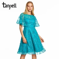 tanpell cap sleeves a line prom dresses blue lace embroidery knee length gown women cocktail party homecoming formal prom dress