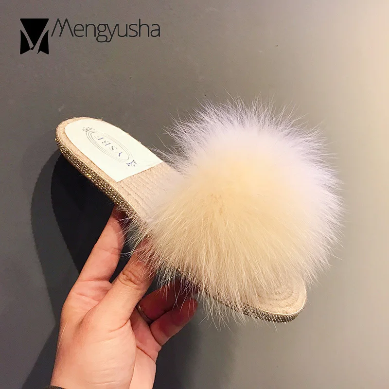 Женские меховые шлепанцы соломенные сланцы с кристаллами плоская подошва уютные