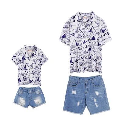 2pcs sets Семейные комплекты; одежда для детей; пляжные комплекты; рубашка с принтом для маленьких мальчиков; модные джинсовые шорты в гавайском стиле - Цвет: 2pcs sets