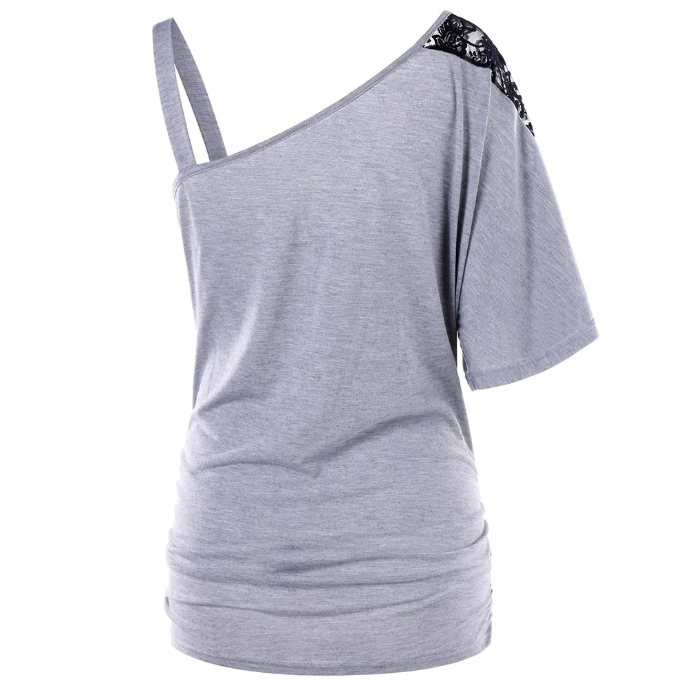 LANGSTAR Плюс Размер Женская футболка кружевная вставка косой воротник в цветах с