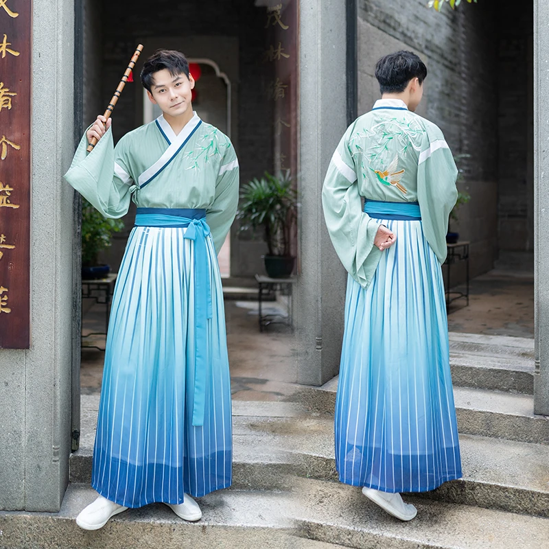 

Men Embroidery Hanfu Classical Dance Costume Festival Outfit Rave Performance Clothes Oriental Folk Stage Costumes 2 Pcs DF1114