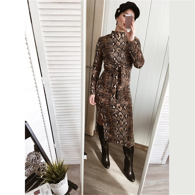 Sheinside, платье со змеиным принтом, на шее, элегантное, офисное, для девушек, миди, платья, женская одежда,, длинный рукав, Осеннее, Повседневное платье