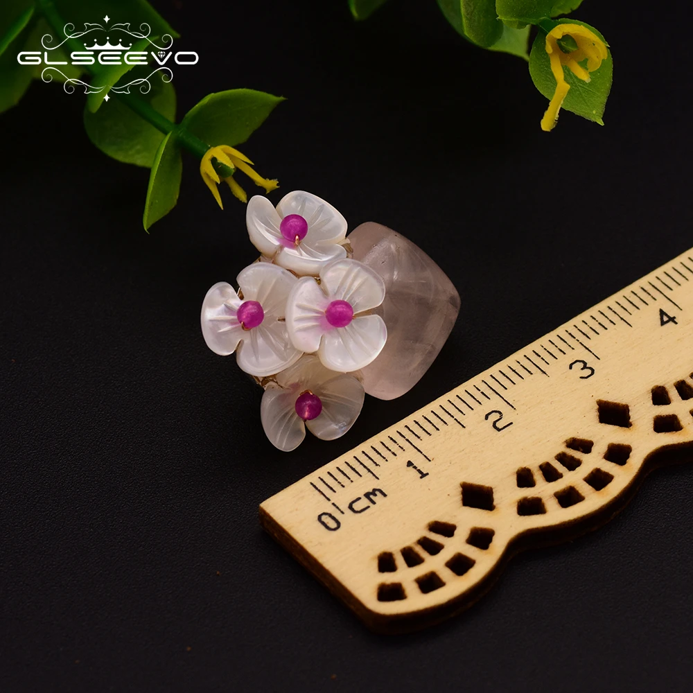 

GLSEEVO 925 Silver Pin Natural Pink Crystal Stud Earring For Women Birthday Shell Flower Earrings Jewelry Pendientes GE0414