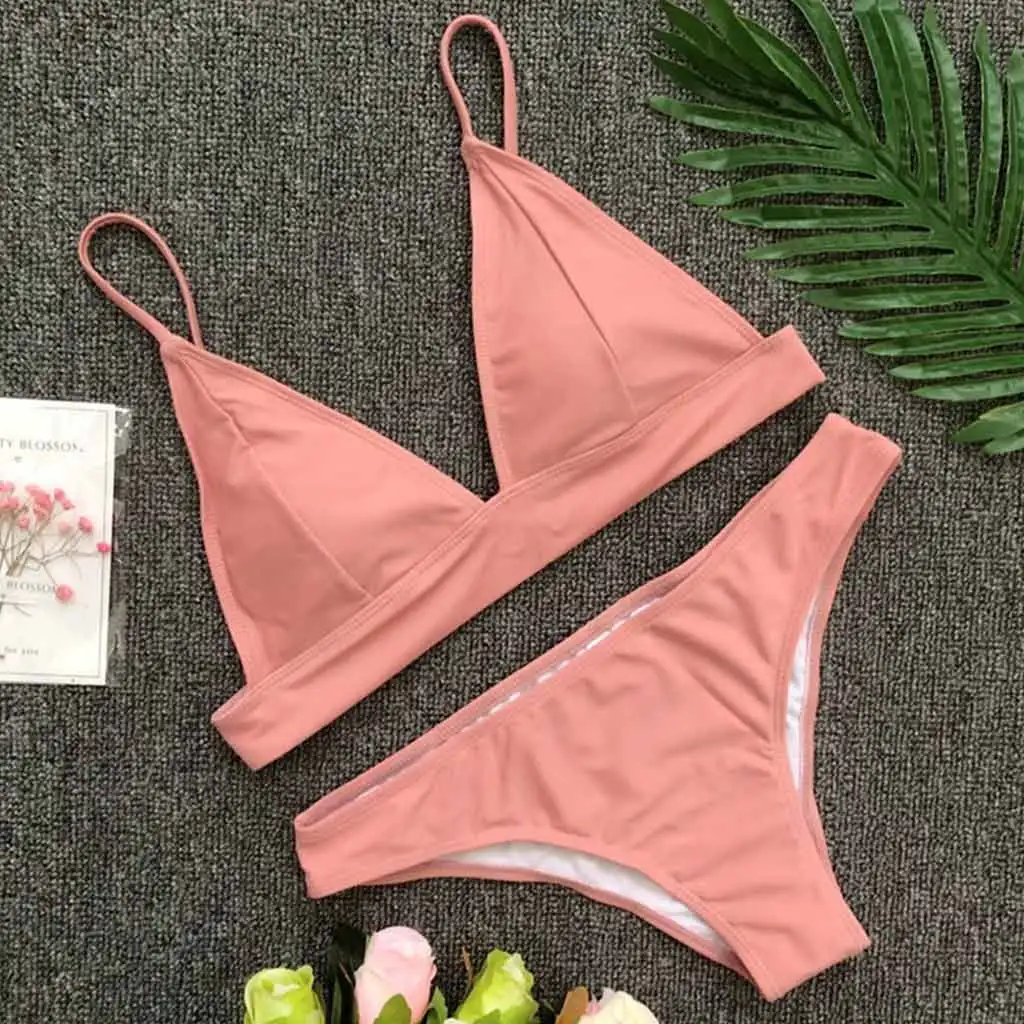 Сексуальный женский комплект бикини 2018 треугольный купальник однотонный