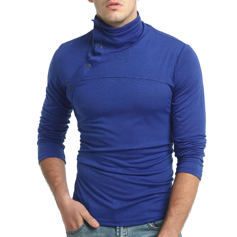 Мужская футболка с косой пряжкой однотонная облегающая высоким воротом и