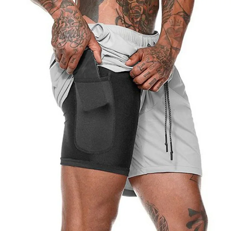 

2019 New Summer Men's Double layer Shorts Fitness Training Running Sportswear Sweat Pockets Short homme Workout Gym Clothes