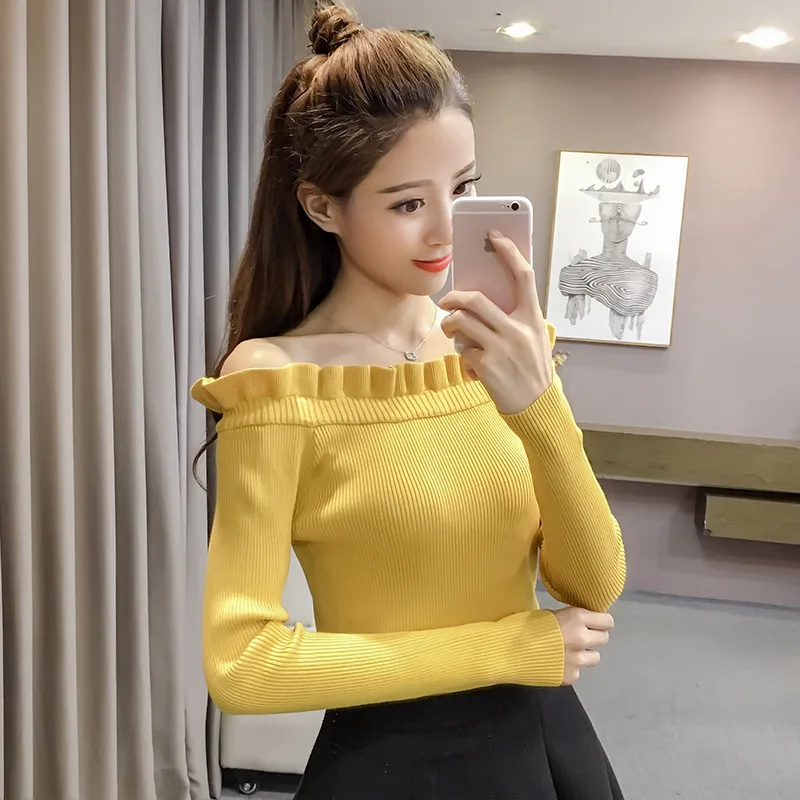 Sanishroly 2018 Autumn Slash Neck Knitted Sweaters Pullovers Women Solid Long Sleeve Sweater Ladies Bottoming Knitwear Tops S184 | Женская