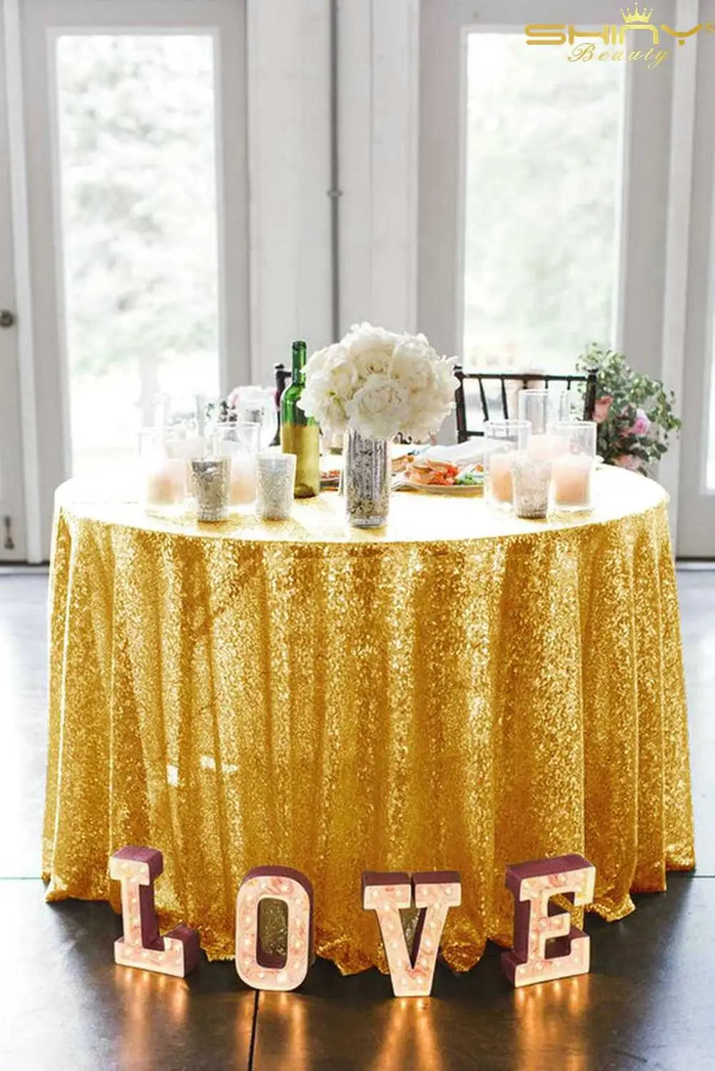 Gold ShinyBeauty 60-72-90-96-108-120-дюймовая скатерть с блестками, круглая черная скатерть, покрытие обеденного стола Decor-0925k - Цвет: Gold