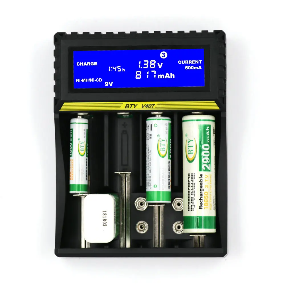 BTY V407 зарядное устройство Li Ion fe Ni MH CD умное быстрое для 18650 26650 6F22 9V AA AAA 16340