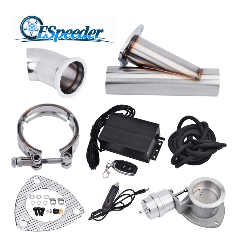 

ESPEEDER 2.5'' Exhaust Cutout Stainless Steel Header Y Pipe Catback Vacuum Valve Remote Electric Cut Out Exhaust Tip Muffler Kit