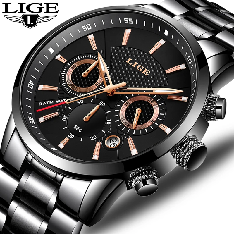 Часы Relojes LIGE мужские модные кварцевые водонепроницаемые из нержавеющей