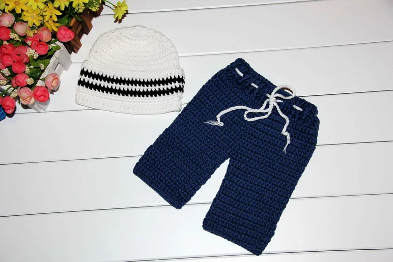 free shipping handmade Baby boys sailor hat and Pants baby Sets 100% cotton crochet Newborn photography props |