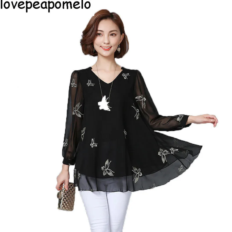 

2018 Spring New Women's Seven-point Sleeve Chiffon Printing Korean Fashion Loose Ruffled Female Shirt L-6XL D29 L-6XL