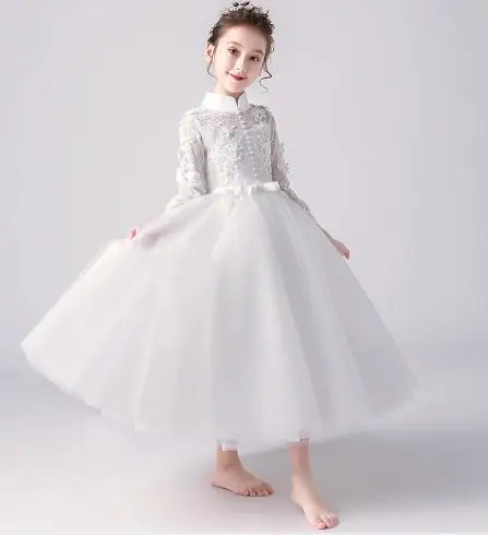 Fashion brand Handmade Lace Flower wedding Girls Dress With white Headband Long Sleeve Kids Pageant dress 4-12Y | Детская одежда и