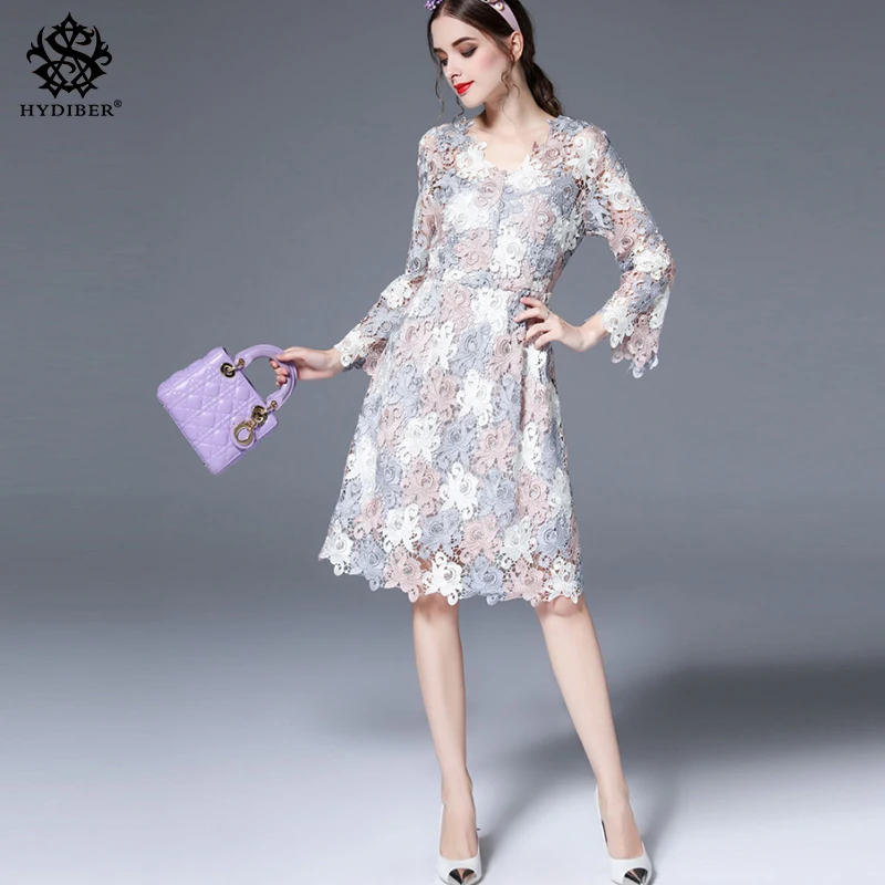 Плюс Размеры Для женщин Элегантный открытое кружевное платье-туника 2018 летний