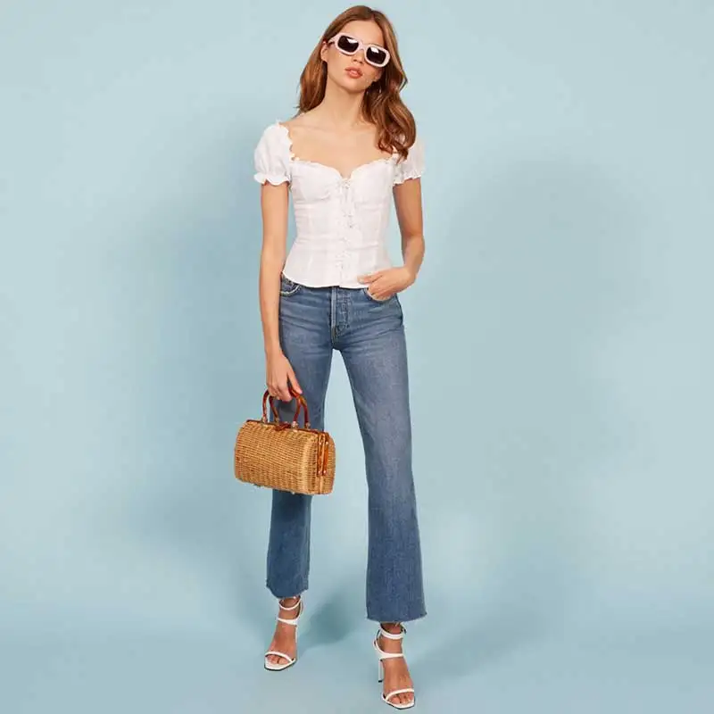 Богемный Вдохновленный Женская белая рубашка на шнуровке спереди корсет Топы