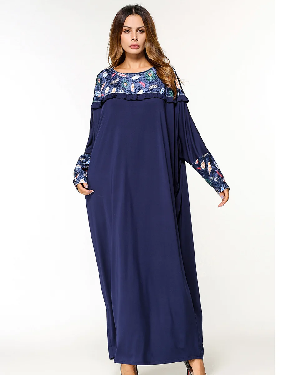 Модное темно-синее женское мусульманское платье abaya с круглым вырезом и рукавами «летучая мышь» Marokkaanse кафтан большого размера дубайское турецкое исламское платье - Цвет: navy blue