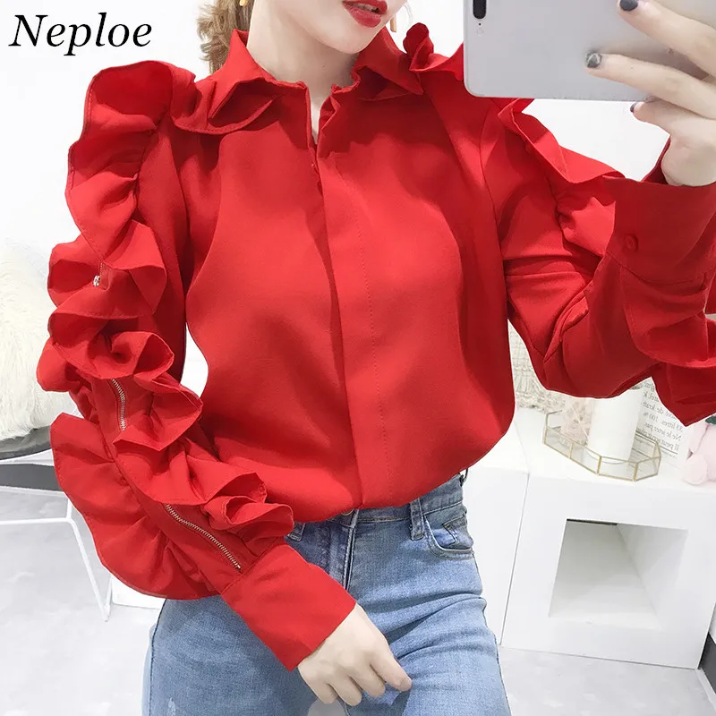 Neploe отложной воротник оборками Твердые Blusas Chic шифон Для женщин блузка 2019 Осень