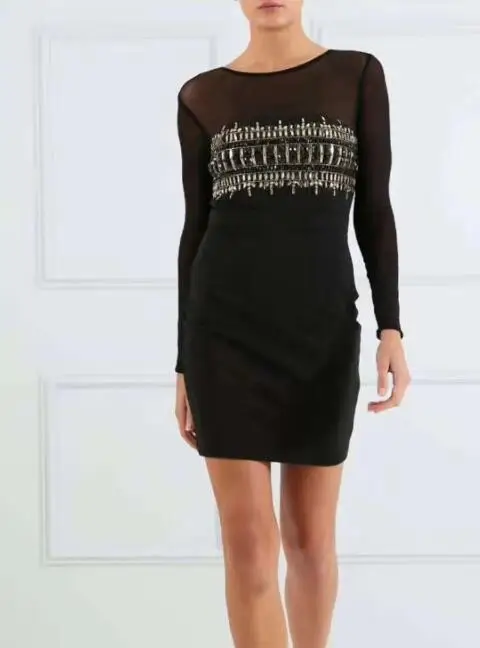Newest Sexy Long Sleeve Beading Black Bandage Dress 2019 Knitted Elastic Bodycon Party | Женская одежда