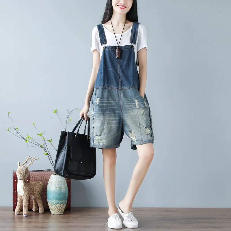 Vintage Loose Women Playsuits 2021 Summer Ripped Fashion Casual Denim Overalls Shorts Plus Size Wide Leg Female Suspender Jeans