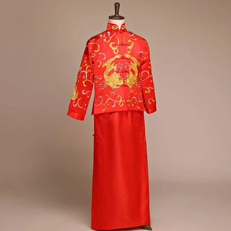 Высокое качество Мужская Свадебная одежда Тан 2 шт. топ и юбка Hanfu Китайская традиционная вышивка дракон Жених Свадебный костюм