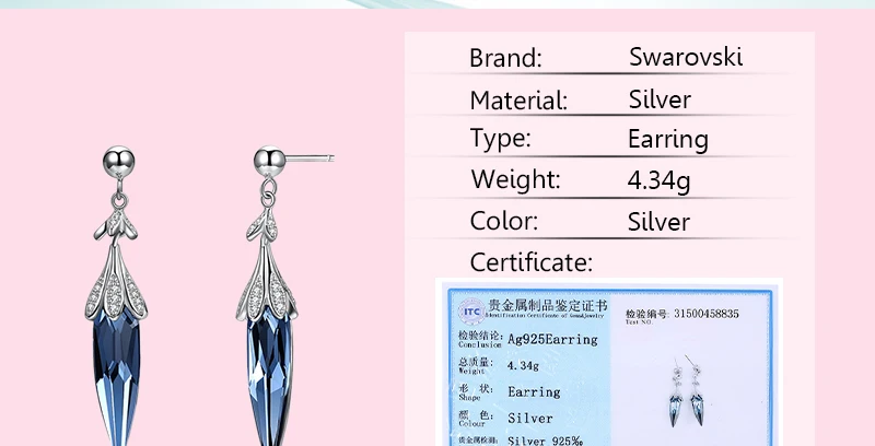 Висячие кристаллы от Swarovski серьги для женщин 925 пробы серебряные ювелирные изделия Элегантный Синий Фиолетовый Кристалл Свадебные