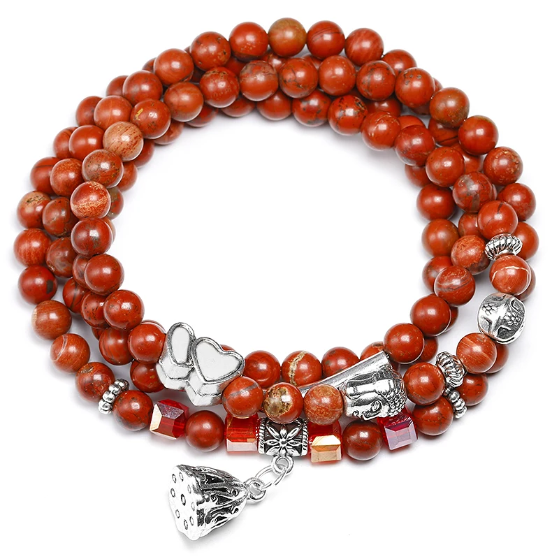 108 Mala Beads Natural Red Stone Wrap Bracelet Crystal Yoga Necklace Meditation Rosary Lotus Alloy Charm Bracelets | Украшения и