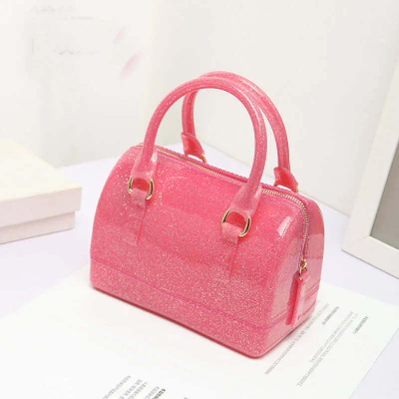 Glitter hot pink JELLYOOY маленький размер 18 см ПВХ Мини Женская Желейная сумка детская подушка сумка на плечо карамельный цвет Силиконовая Сумка-тоут пляжная сумка-мессенджер - Цвет: Glitter hot pink