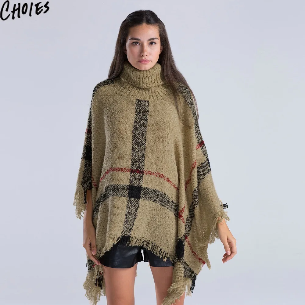 Женский желтый свитер с высоким воротом клетчатый бахромой свободное винтажное