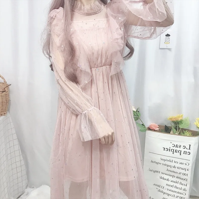 Pink dress Корейские элегантные вечерние платья с фатиновой юбкой для женщин в японском стиле Лолита с оборками и сеткой с длинным рукавом Розовые платья-пачки для девочек - Цвет: Pink dress