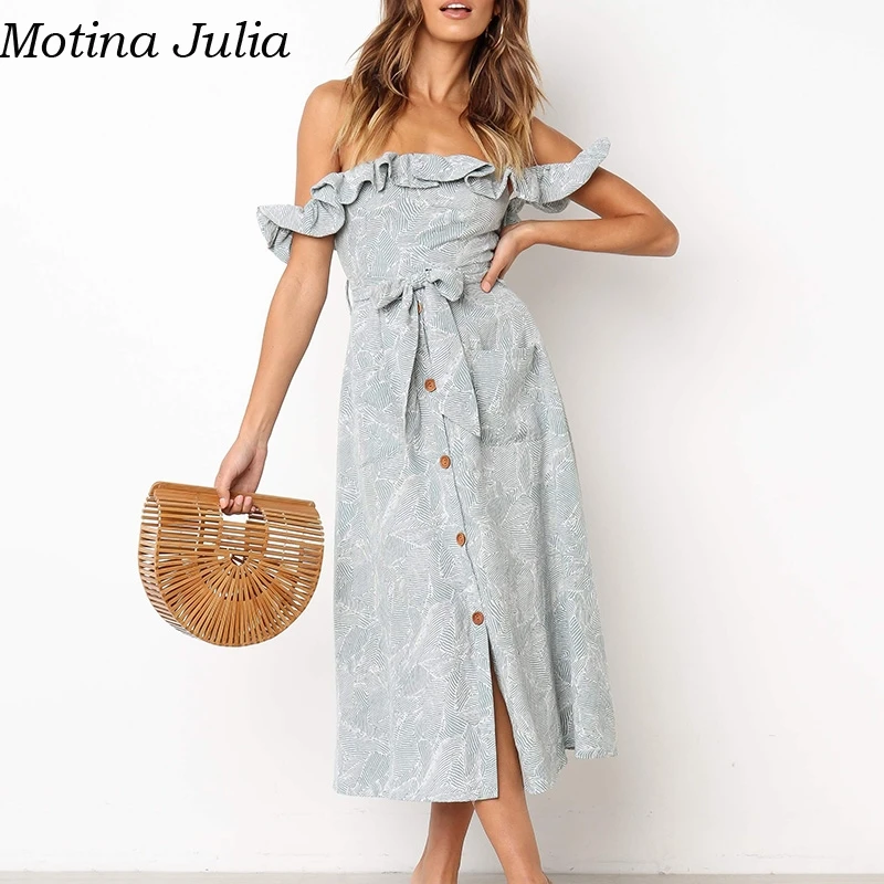 Женское платье с бантом Motina Julia длинное оборками и пуговицами летнее открытыми