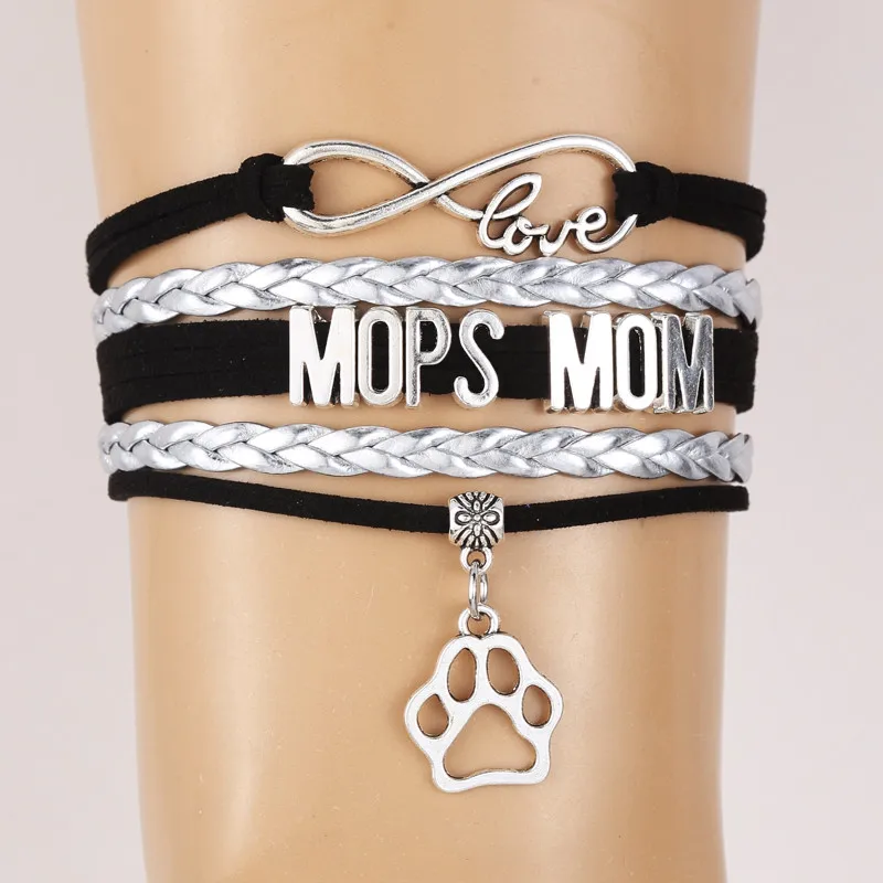 (10 шт./лот) браслет Бесконечность любовь MOPS мама подвеска собачья лапа черный